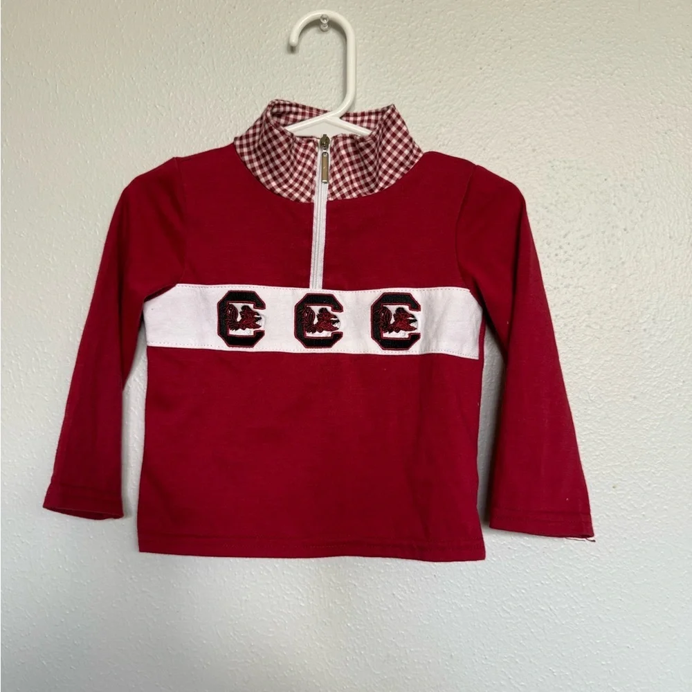 USC Embroidery Red Long Sleeve Shirt with White and Red Checkered Collar